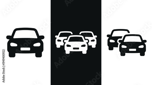 Stylized graphic depicting multiple car silhouettes in a contrasting visual arrangement against striped background