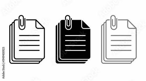 Document icons with paper clips, black and white and outline versions