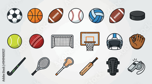 Diverse Collection of Sports Equipment Icons for Athletic Activities and Games