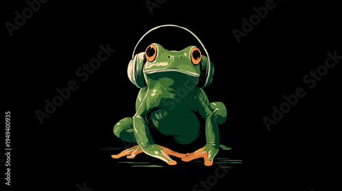 Digitally illustrated green amphibian wearing headphones. It sits on a surface, looking forward, isolated on black