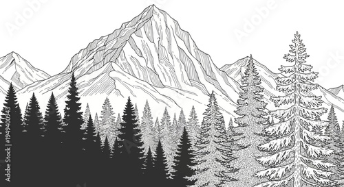 Monochromatic Wilderness Hand-Drawn Mountain Landscape with Pine Tree Forest Silhouette