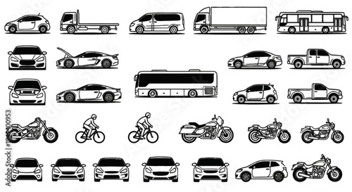 Collection of diverse vehicles including cars, trucks, motorcycles, bicycles, and buses