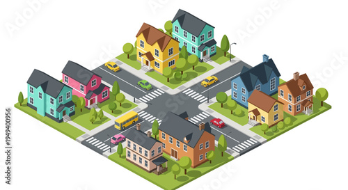 Isometric Neighborhood with Houses, Streets, and Cars