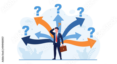 Confused businessman with many arrows and question marks, symbolizing indecision