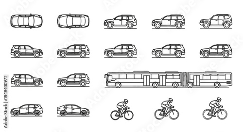 Minimalist line art icons of diverse urban transportation vehicles cars, SUVs, buses, and bicycles for modern design