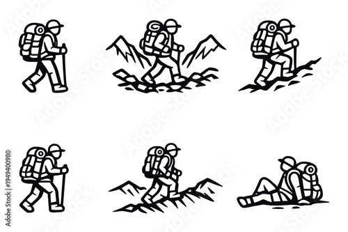 Hikers with backpacks walking and resting on dark background