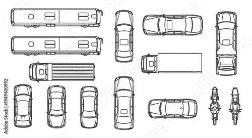 Top-down view illustrations of various vehicles including cars, trucks, and buses