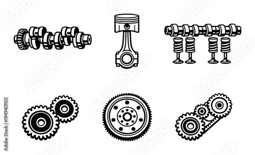 Engine components icons grouped on gray gradient background
