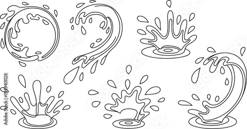 Water splash vector outline set with waves, liquid droplets, and ripples for coloring book pages