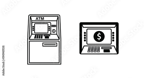 Two atm machines depicted in a minimalist black outline silhouette