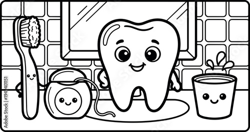 Friendly cartoon tooth character with smiling toothbrush smiling dental floss and happy rinsing cup in bathroom setting