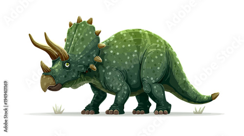 Digitally painted dinosaur, a triceratops, in green shades, white background, detailed rendering