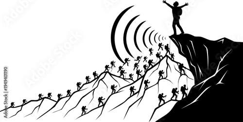 Leader on mountain peak with signal and climbers, success vector silhouette
