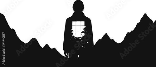 Man silhouette with window view standing in mountains, vector art