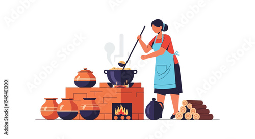 A woman cooks a meal over a traditional hearth with pottery surrounding the cooking area silhouette high quality professional detailed modern