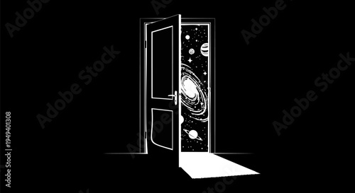 Open door to deep space galaxy and planets, cosmic vector silhouette