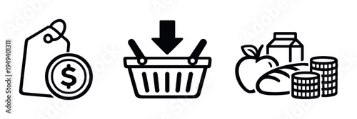 Shopping and pricing icons including basket and tag on dark background