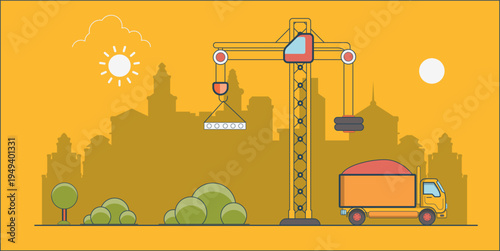 Construction Tower Crane Lifting Steel Beam on Urban Building Site with Truck and City Skyline Vector Illustration