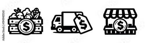 Grocery crate, delivery truck and market stall on gray background