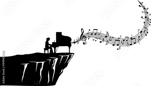 Pianist playing grand piano on mountain cliff, music and nature art