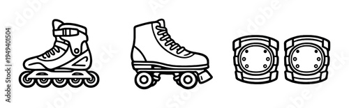 Inline skate, roller skate and knee pads shown on dark background