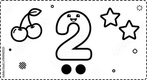 Cute cartoon number two with smiling face cherries pair and two stars outlined vector design in black and white