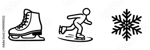 Ice skate, skater figure and snowflake on dark background