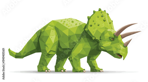 A geometric illustration of a green Triceratops with horns, detailed with a pixelated aesthetic