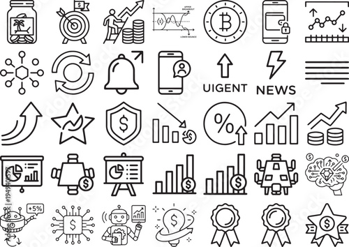 Fintech Mobile Wallet and Market Analysis Vector Icon Set
