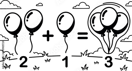 Black and white line art balloons addition math equation with clouds grass simple educational vector illustration