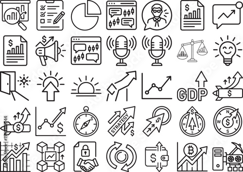 Business Strategy and Global Economic Growth Line Icon Set