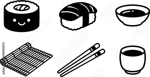 Minimalist black and white vector sushi set with smiling maki roll nigiri chopsticks and tea cup flat design simple line art icons