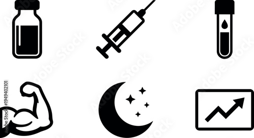 Black simple medical and fitness vector icons showing vial syringe test tube muscle crescent moon and growth chart