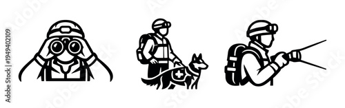 Search personnel with binoculars, dog and rifle on dark background