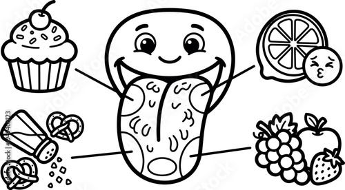 Cartoon vector diagram of smiling tongue showing taste buds with cupcake lemon grapes salt and strawberry icons