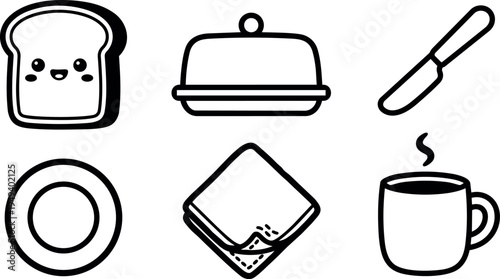 Cute smiling bread slice plate butter knife covered dish napkin steaming coffee cup breakfast utensils set simple vector line art icons