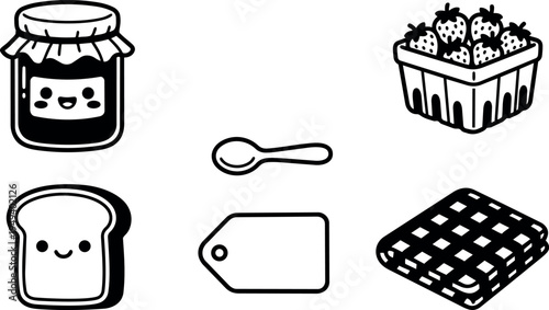 Cute smiling jam jar bread slice spoon tag folded checkered picnic cloth vector icon set