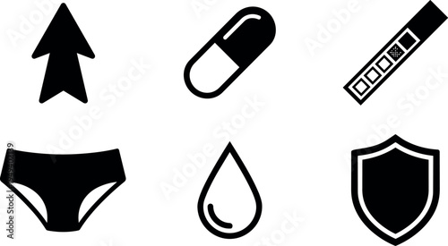 Black and white vector icons including upward arrow capsule pill test strip underwear drop and shield symbol set