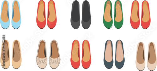 Ballet Flats Women's Shoes Flat Ballerinas Colorful Casual Footwear Slip On Comfortable Elegant Shoes Vector Illustration Collection Set