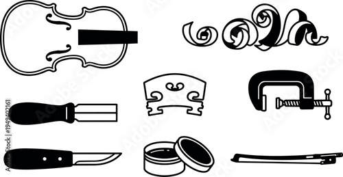 Black and white minimalist violin parts and repair tools vector art with shavings bridge tuning clamp and rosin container