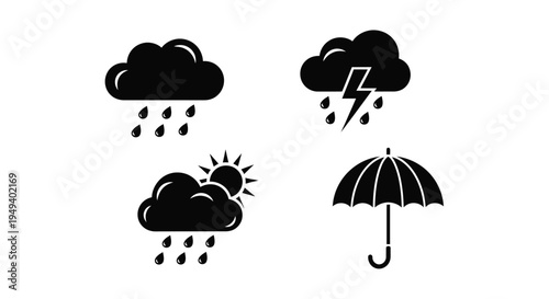 Weather icons depicting rain sun storm and umbrella silhouette