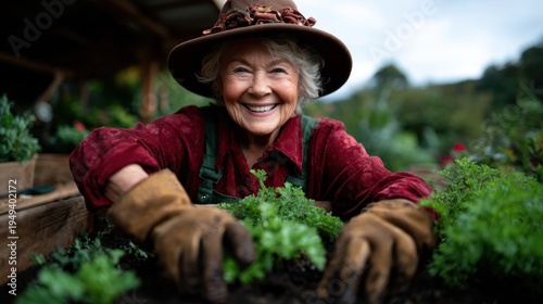 An elderly woman joyfully tends to her garden, embodying a connection with nature and the love of gardening, showcasing vibrant plants and a nurturing spirit.