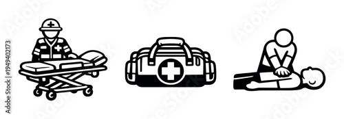 Paramedic with stretcher, medical bag and cpr on dark background