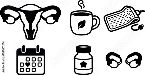 Black and white minimalist vector icons showing uterus anatomy hot water bottle steaming cup calendar heart mark pill bottle and kidneys anatomy set