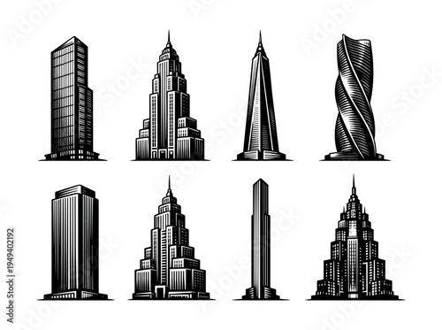 Set of black and white skyscraper vector illustrations featuring various architectural designs