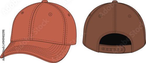 Baseball Cap Snapback Trucker Hat Front Back View Adjustable Strap Brown Color Mockup Template Vector Illustration Flat Design