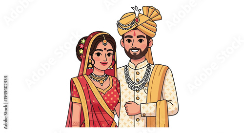 A brightly colored illustration depicts a traditionally dressed indian couple on their wedding day a charming silhouette high quality professional detailed