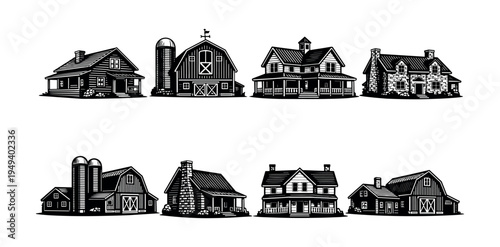 Vector silhouette of rustic farmhouses and barns illustrating rural architecture