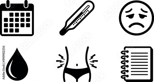 Flat design black icons representing menstruation calendar thermometer mood pain drop and journal notebook symbols