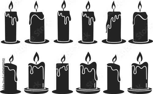 Burning Candle Silhouettes Dripping Wax Flame Light Romantic Prayer Memorial Black Silhouette Collection Vector Illustration Set